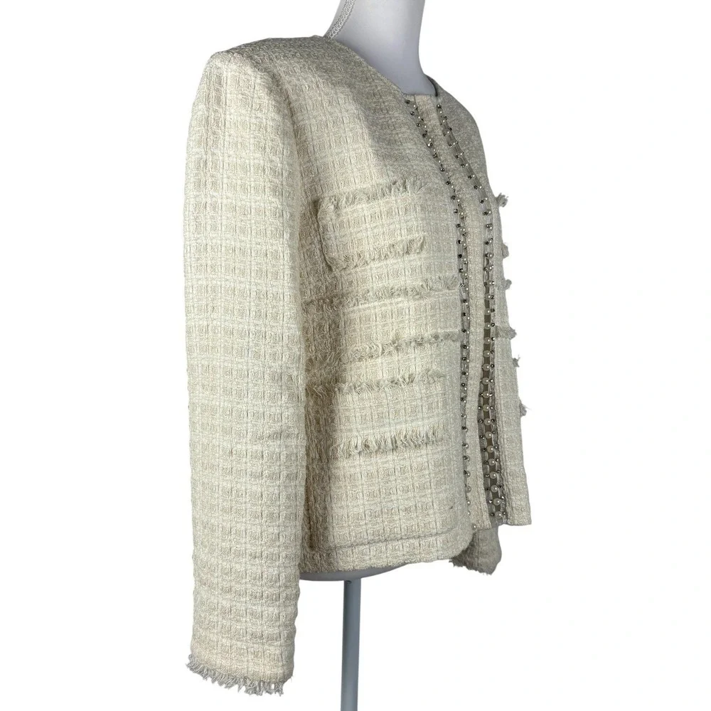 St John Tweed Knit Blazer Jacket Womens 14 Ecru‎ Ivory Fringe Beaded Luxury NWT